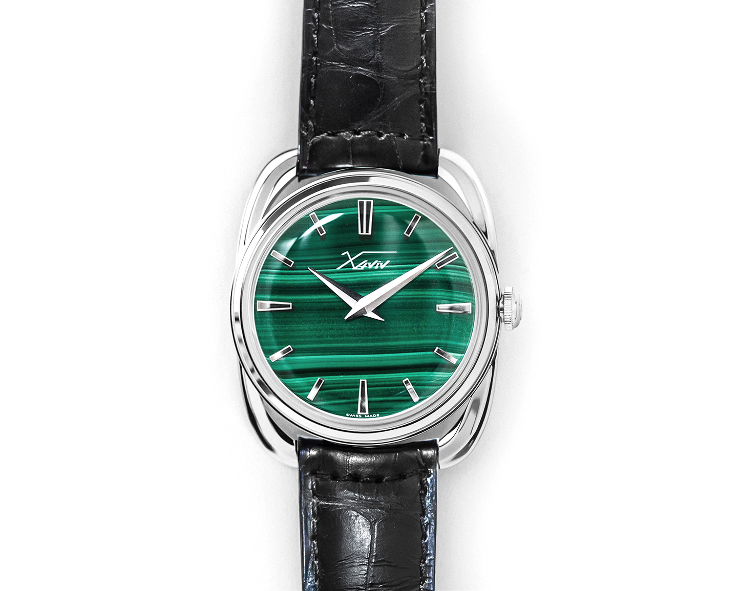 Xaviv Crablug 37 malachite dial hand-wound luxury Swiss dress watch, handcrafted in La Chaux-de-Fonds, with vibrant green natural stone dial and high-end traditional Swiss craftsmanship