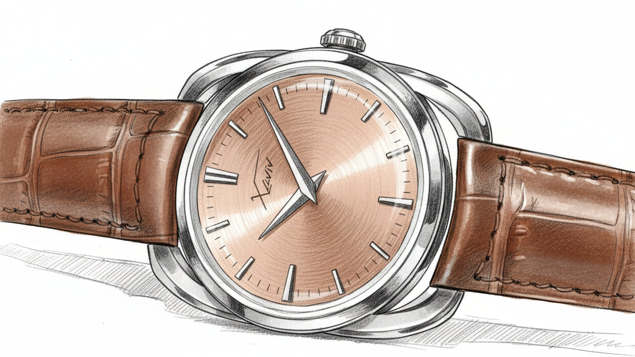 Hand-drawn artwork of the Crablug 37 salmon dial hand-wound luxury Swiss dress watch, showcasing circular brushed finish and refined traditional design
