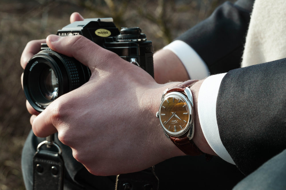 Xaviv Crablug 37 Tiger Eye Stone Dialluxury dress watch wristshot, handcrafted in La Chaux-de-Fonds, Switzerland, featuring hand-wound movement and refined design aesthetics