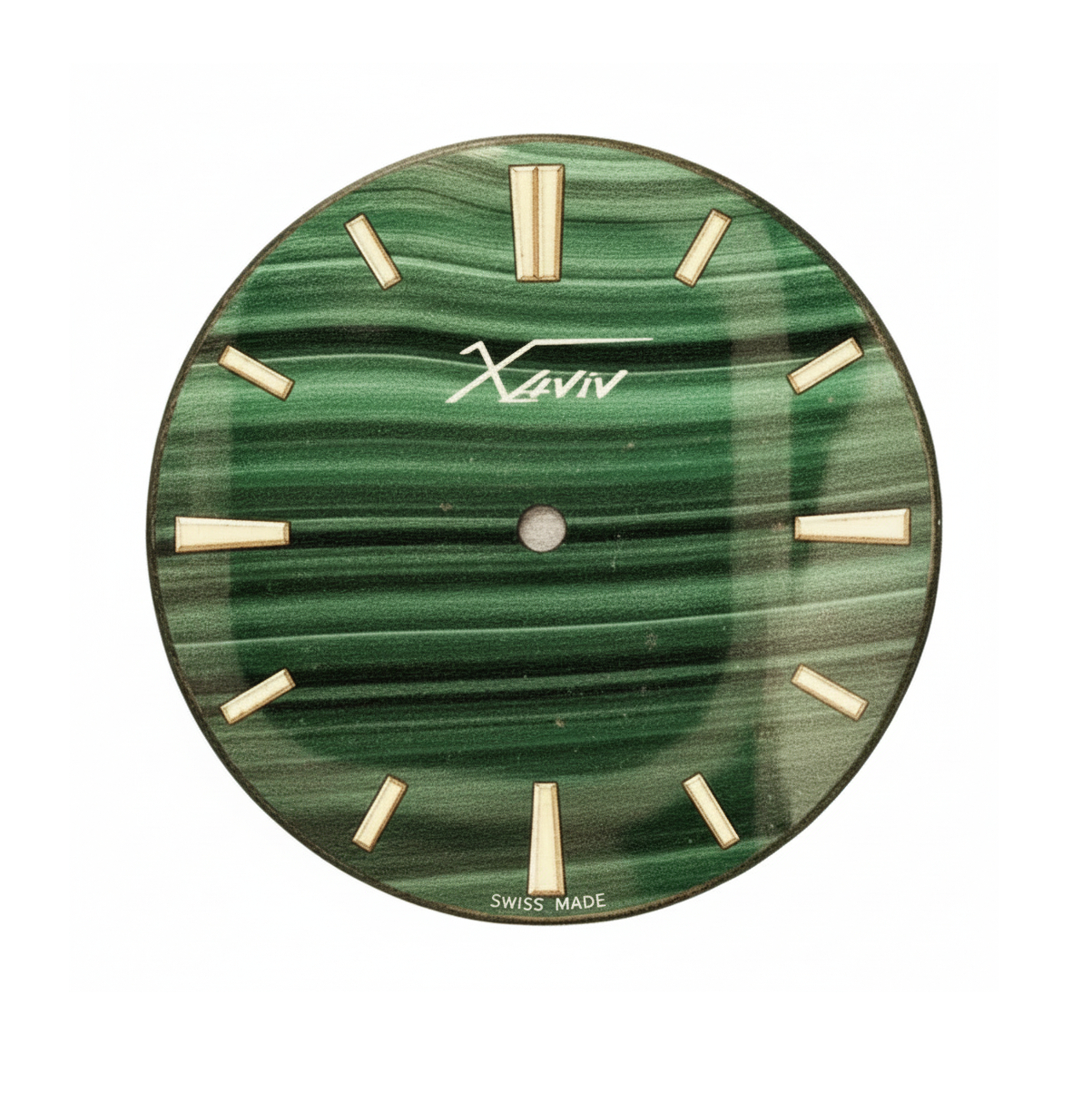 Hand-drawn artwork of malachite stone dial for luxury Swiss dress watch, showcasing natural green patterns and refined traditional watch design