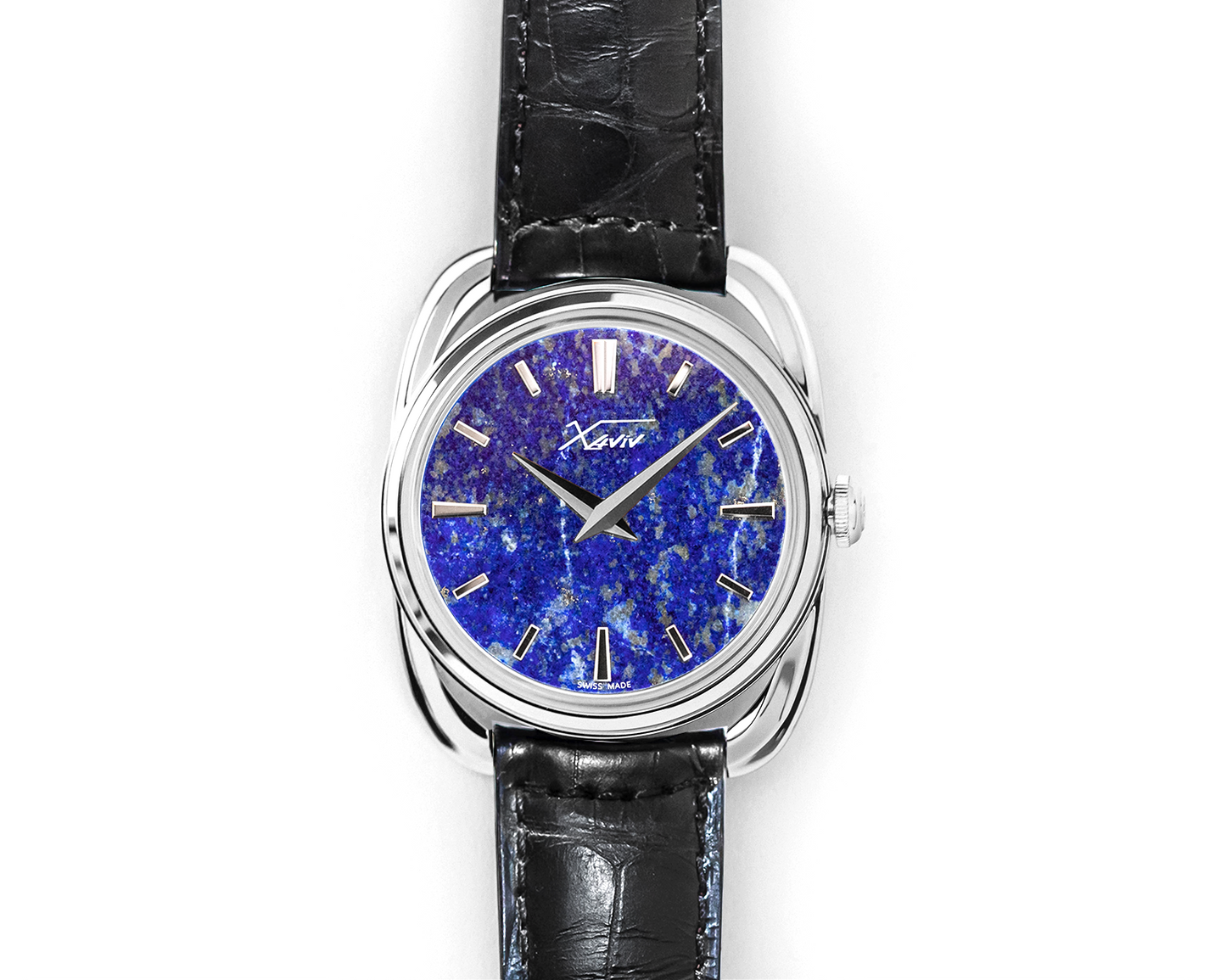 Xaviv Crablug 37 lapis lazuli dial hand-wound luxury Swiss dress watch, handcrafted in La Chaux-de-Fonds, featuring rich blue stone dial with gold flecks and classic dress watch proportions