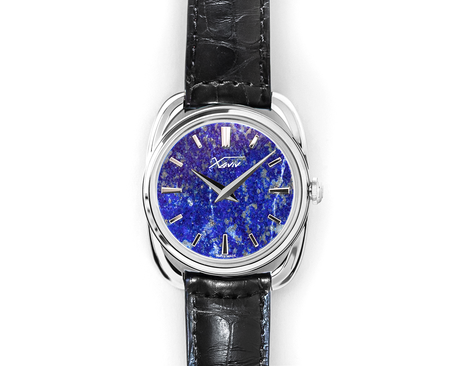 Xaviv Crablug 37 lapis lazuli dial hand-wound luxury Swiss dress watch, handcrafted in La Chaux-de-Fonds, featuring rich blue stone dial with gold flecks and classic dress watch proportions