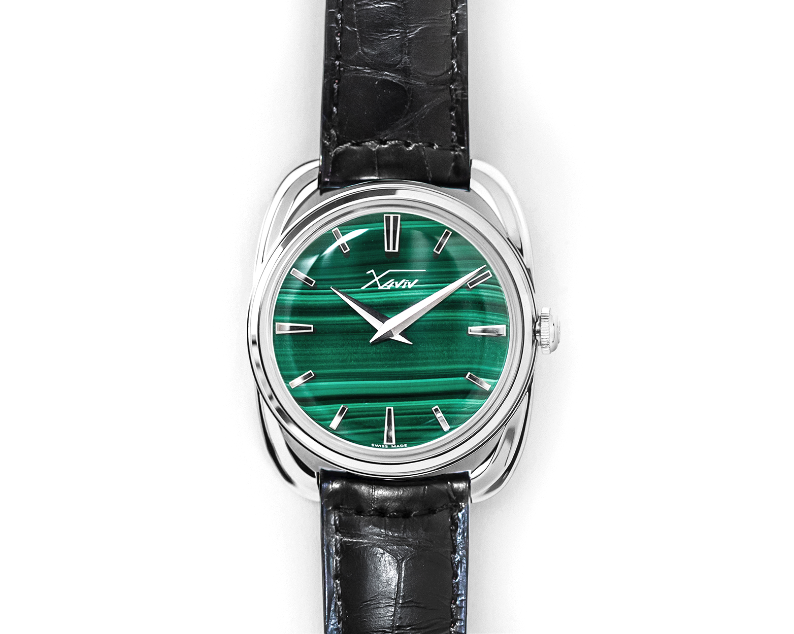 Xaviv Crablug 37 malachite dial hand-wound luxury Swiss dress watch, handcrafted in La Chaux-de-Fonds, with vibrant green natural stone dial and high-end traditional Swiss craftsmanship