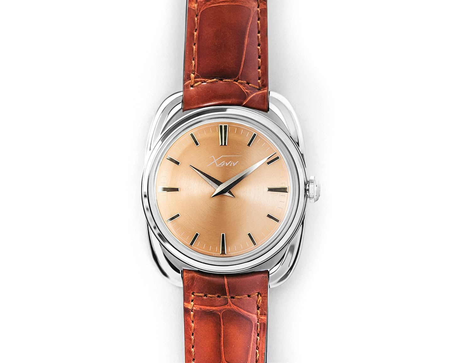 Xaviv Crablug 37 salmon dial hand-wound luxury Swiss dress watch with circular brushed finish, handcrafted in La Chaux-de-Fonds, combining vintage-inspired aesthetics with mechanical precision