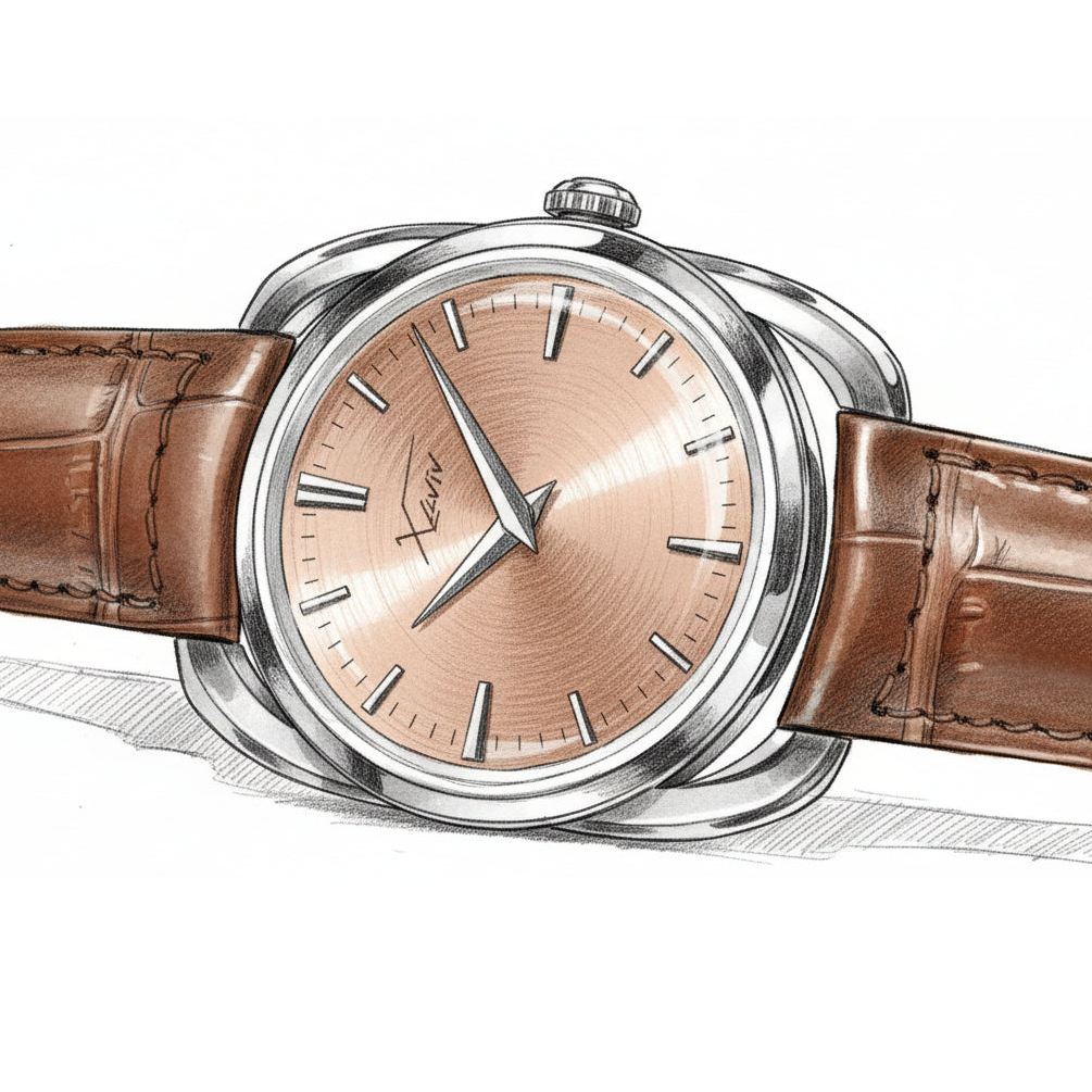 Hand-drawn artwork of the Crablug 37 salmon dial hand-wound luxury Swiss dress watch, showcasing circular brushed finish and refined traditional design