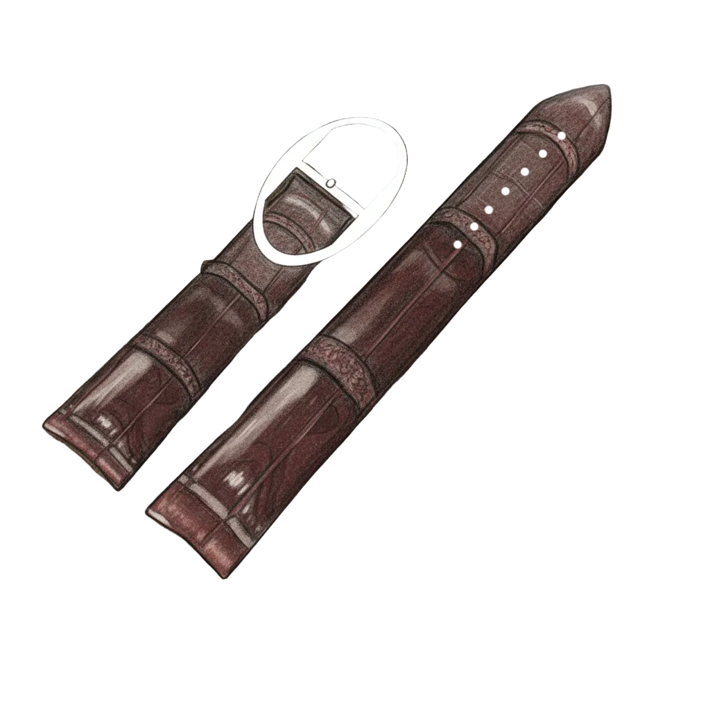 Hand-drawn artwork of alligator leather watch strap made by Camille Fournet, paired with Xaviv proprietary buckle design, showcasing luxury Swiss craftsmanship and fine materials