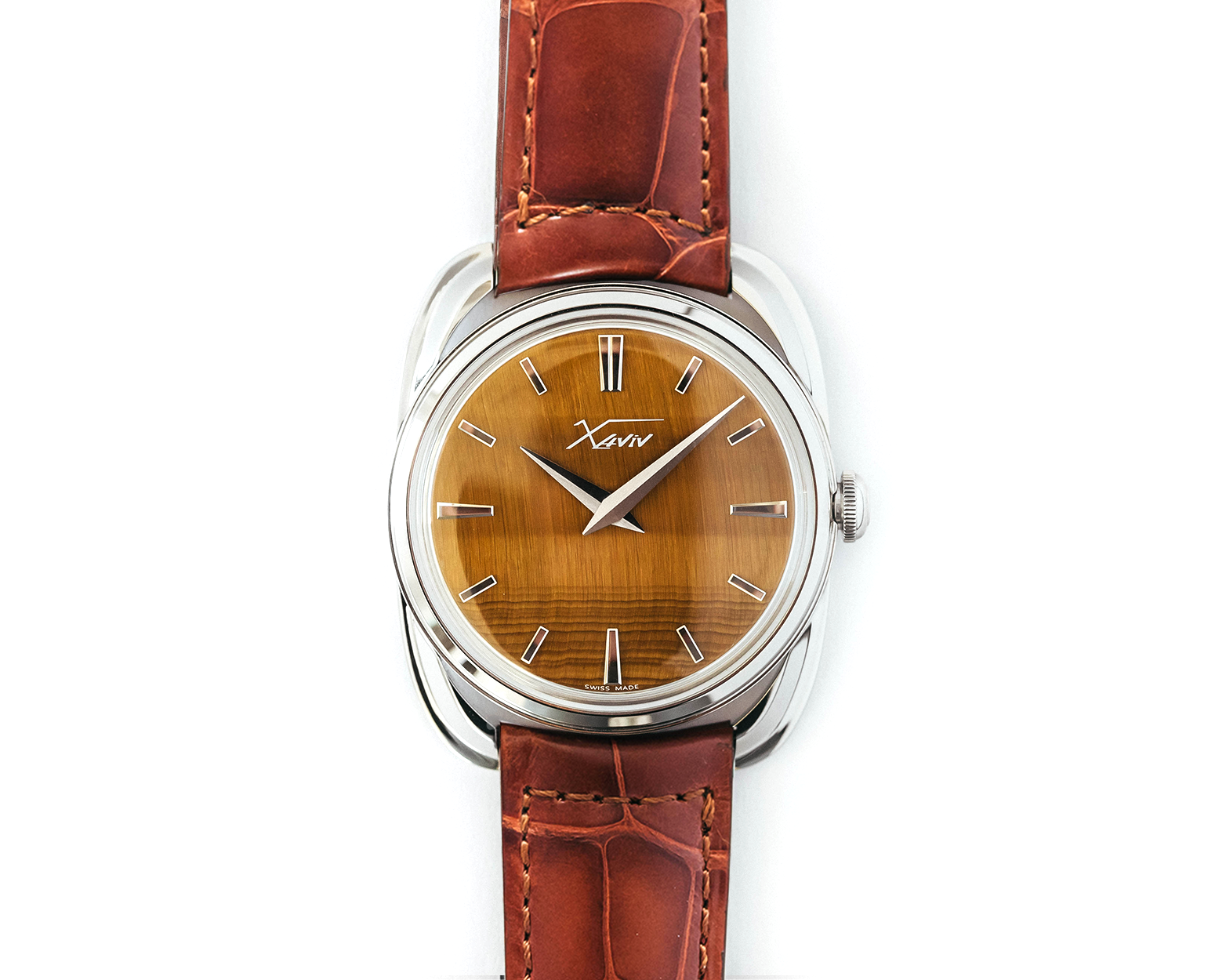 Xaviv Crablug 37 tiger eye dial hand-wound luxury Swiss dress watch, handcrafted in La Chaux-de-Fonds, featuring natural stone dial, refined case design, and traditional mechanical watchmaking